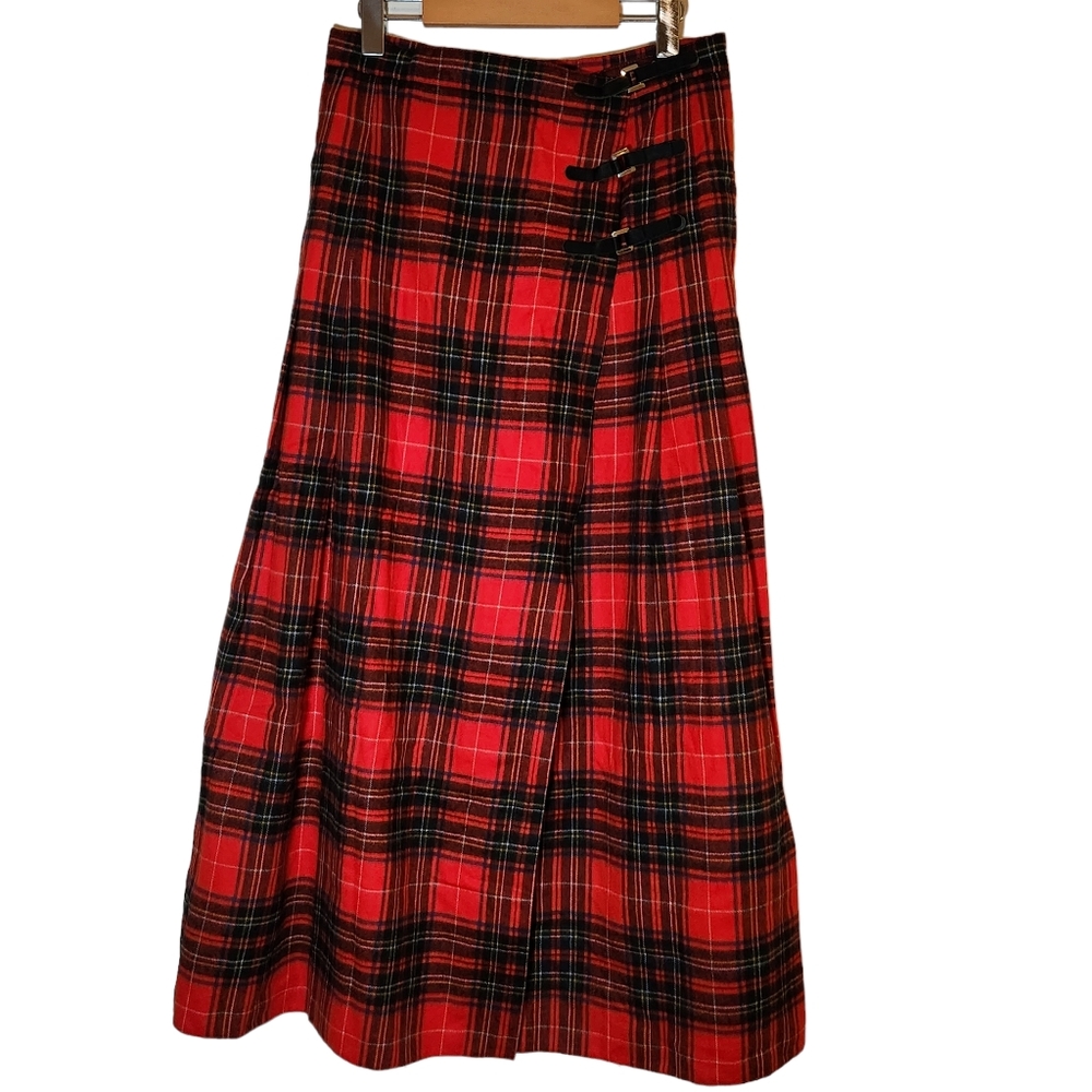 Catherina Hepfer vintage 100% wool wrap tartan red plaid maxi skirt size US 12